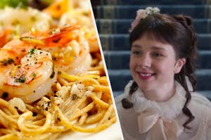 Seafood pasta and Eloise Bridgerton from "Bridgerton" 