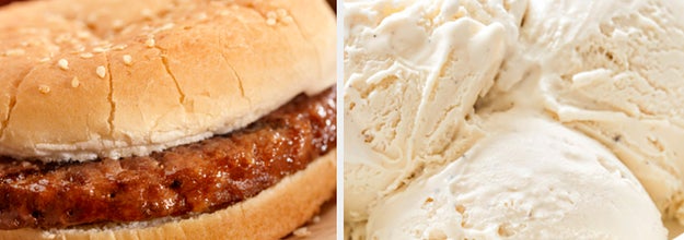a plain hamburger and vanilla ice cream