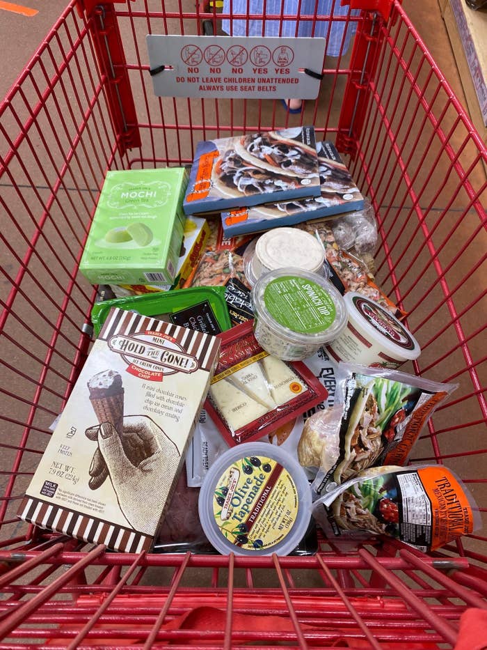 A cart filled with Trader Joe's products