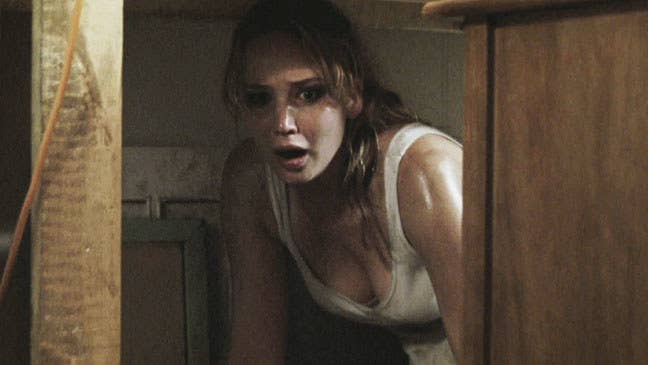 Jennifer Lawrence looking at something with a scared look on her face