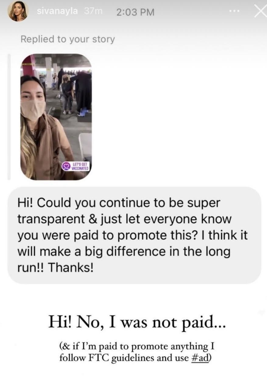  Sivan Ayla responds &quot;No, I was not paid... (and if I&#x27;m paid to promote anything I follow FTC guidelines and use #ad)&quot; to a DM about her vaccine selfie