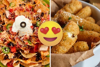 Heart-eyes emoji over nachos and mozzarella sticks
