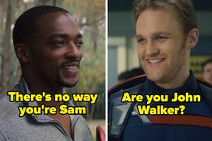 Sam Wilson with the text "There's no way you're Sam" and John Walker with the text "Are you John Walker?"