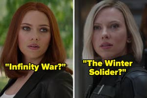 Scarlett Johansson as Natasha Romanoff in the movie "Captain America: The Winter Solider" and Scarlett Johansson as Natasha Romanoff in the movie "Avengers: Infinity War."