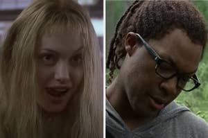 Angelina Jolie with dry blond hair and super short bangs from 'Girl Interrupted'  And Corey Hawkins wearing a dreadlock wig in "The Walking Dead"