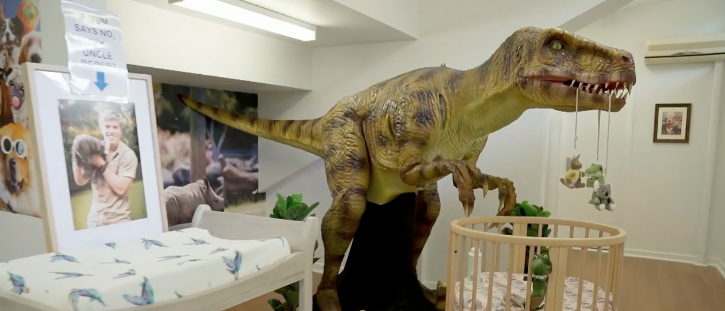Grace Irwin&#x27;s dinosaur-themed nursery with the T-Rex holding a baby mobile over the crib