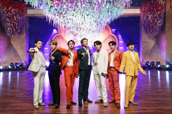 BTS performs Dynamite for the 2021 Grammys in suits