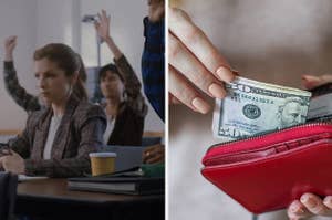 Character in class and person holding money