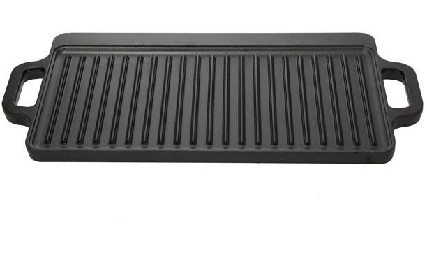 The griddle, which is rectangular, has a handle at either end, and has a griddle side and a flat side