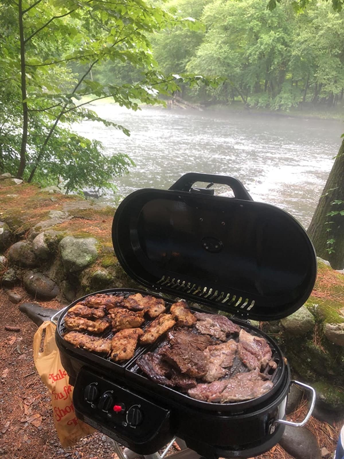 a reviewer photo of chicken and steak cooking on the portable camping grill 