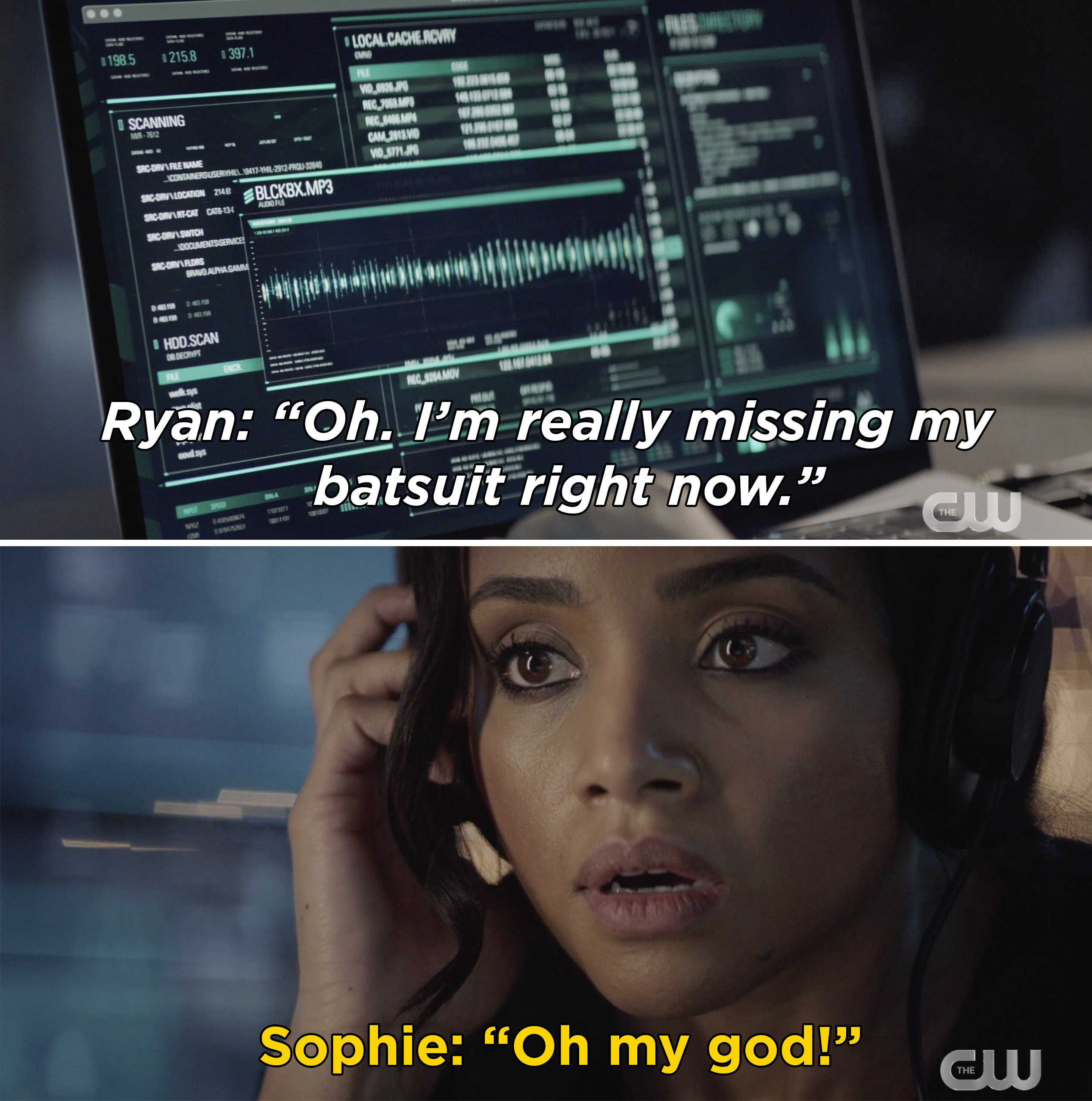 Sophie hearing a recording of Ryan saying, &quot;Oh. I&#x27;m really missing my batsuit right now&quot;