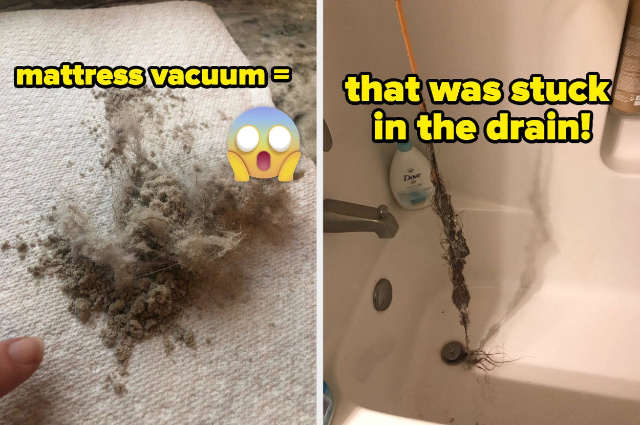 L: Reviewer holding a large chunk of dust and hair that they vacuumed out of their mattress R: Reviewer holding a drain snake that's covered in dried hair