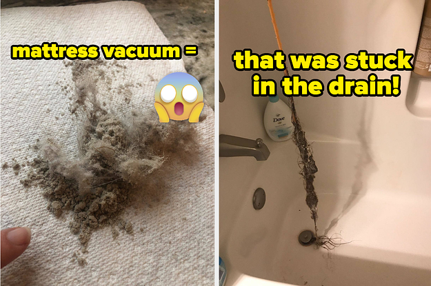 L: Reviewer holding a large chunk of dust and hair that they vacuumed out of their mattress R: Reviewer holding a drain snake that's covered in dried hair