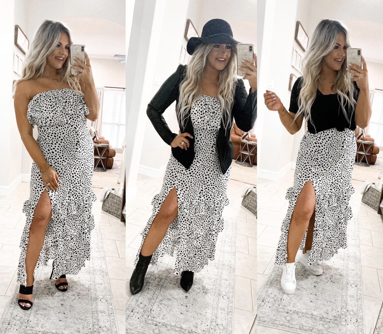 a reviewer styling a dress three ways: first on its own, second with a blazer and hat, and third with a t-shirt over. The dress is strapless with a slit in the leg