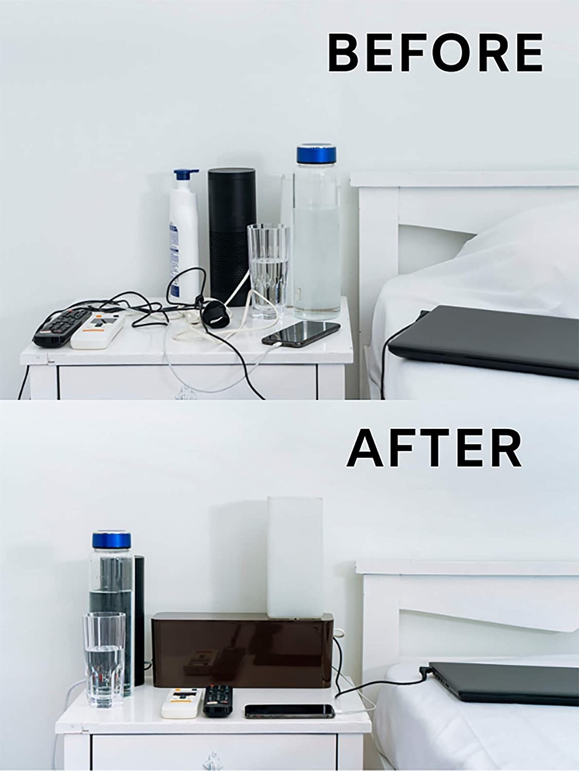 A before and after photo of a side table. The before table is messy because of tangled wires, and the after photo is neatly organised with the wires kept in the wire bin.