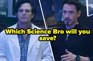 Mark Ruffalo as Bruce Banner and Robert Downey Jr. as Tony Stark in the movie "The Avengers."