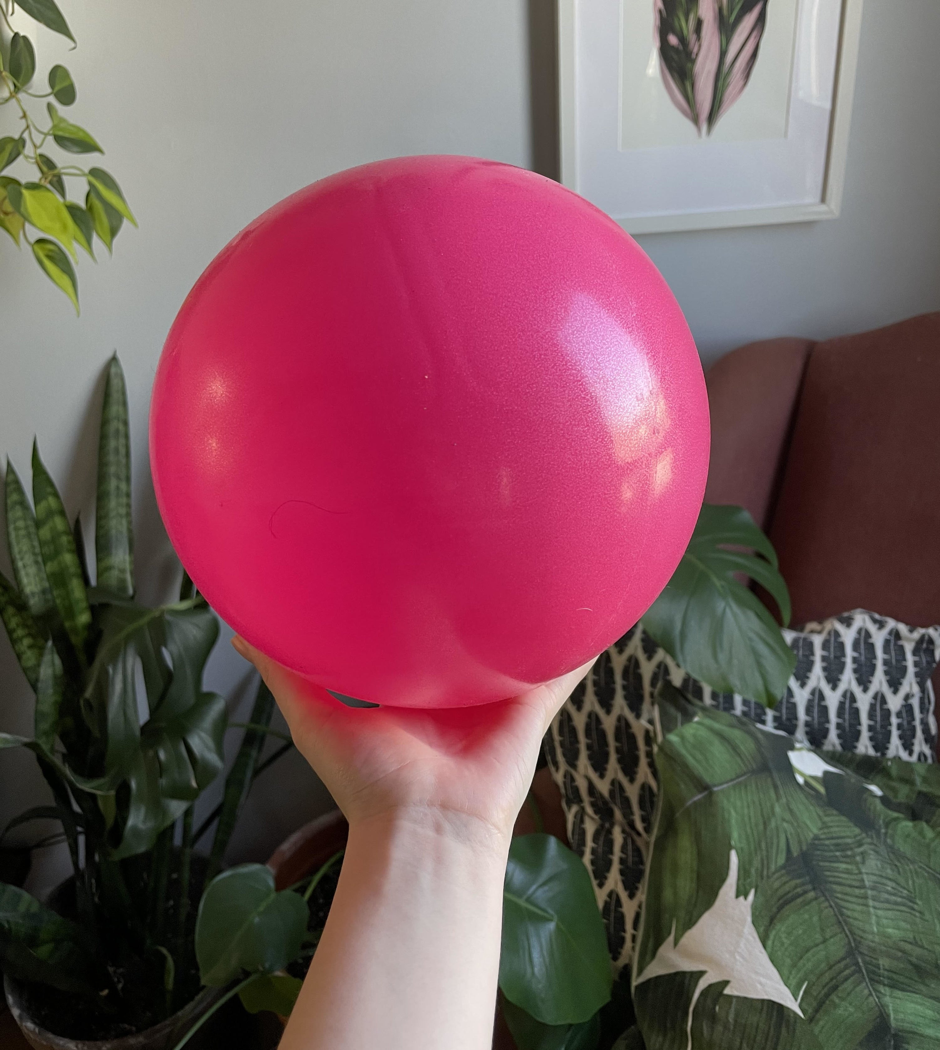 A person holding the pilates ball