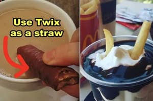 Side-by-side of a Twix in tea and fries in ice cream