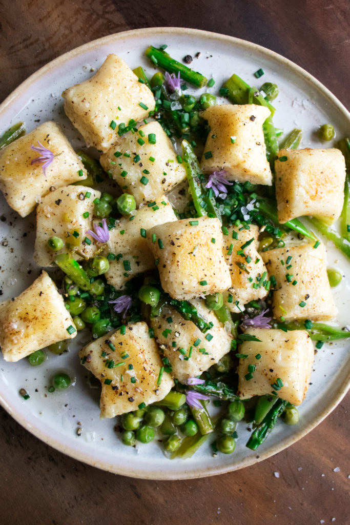 Gnocchi with peas, asparagus, and chives.