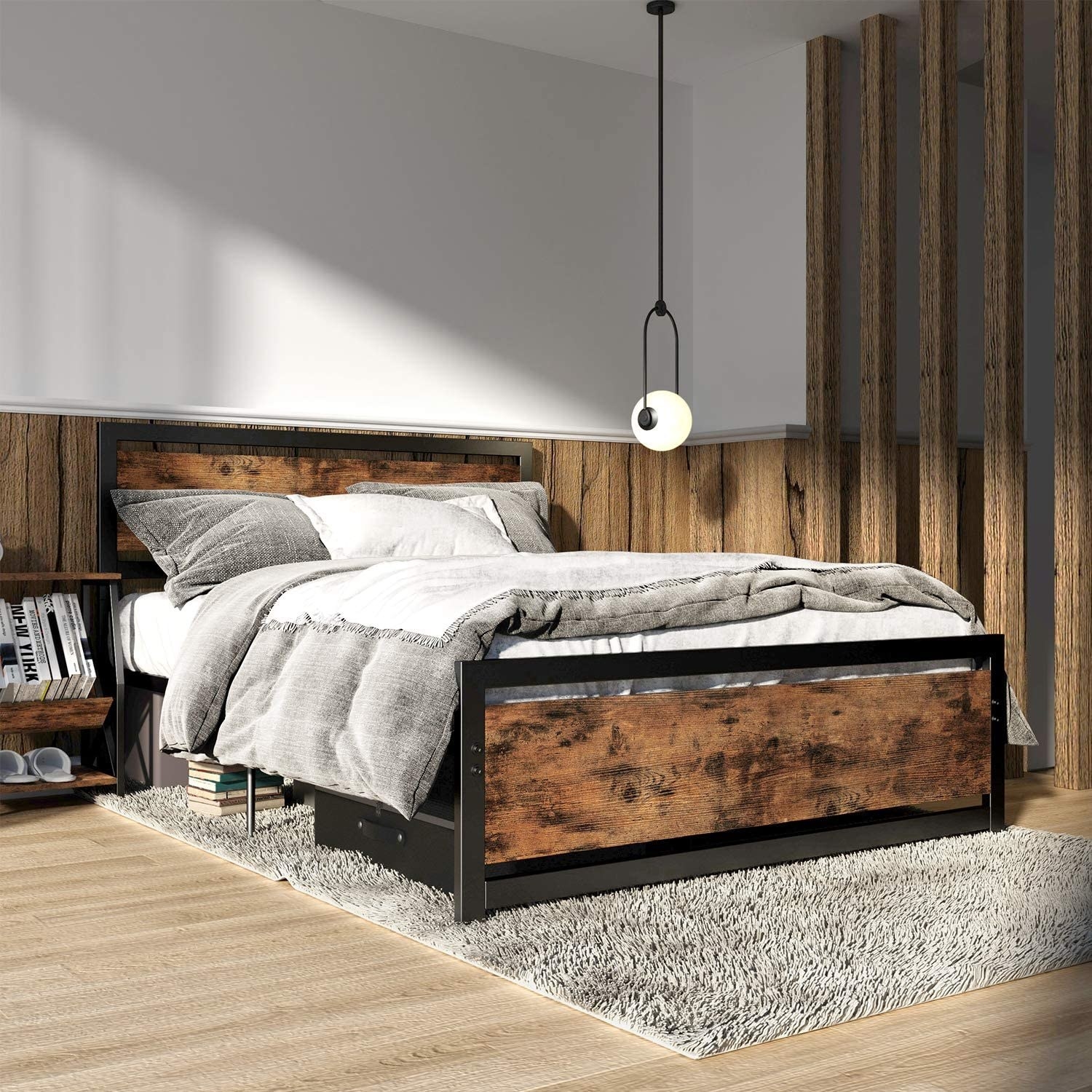 rustic industrial bed frame with bedding and lightbulb nearby