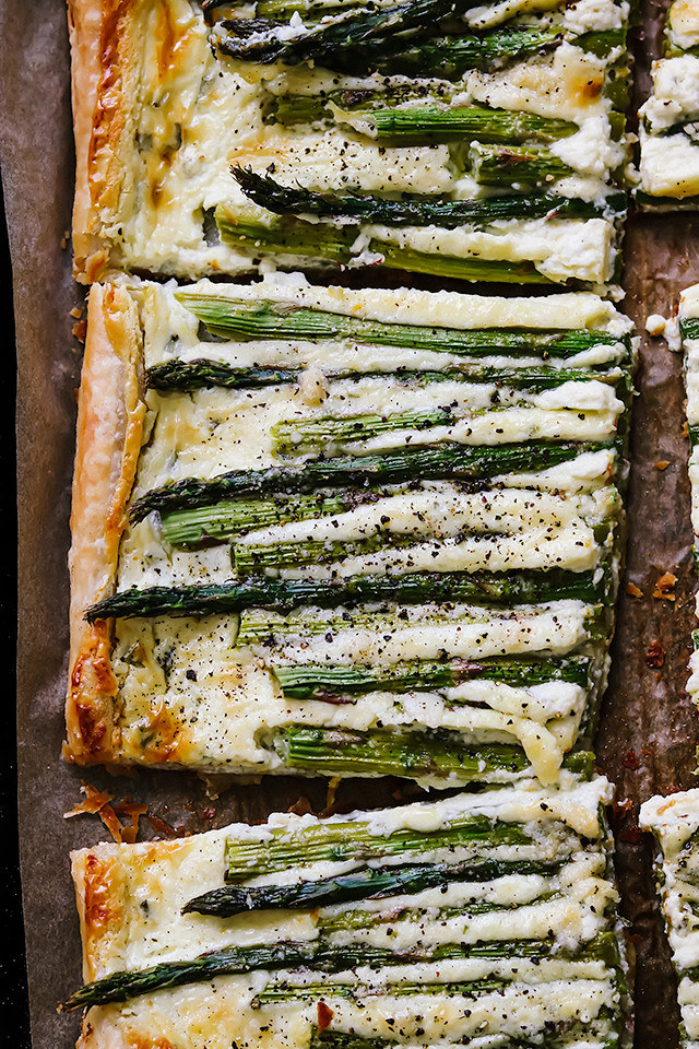 Asparagus and goat cheese tart with chives.
