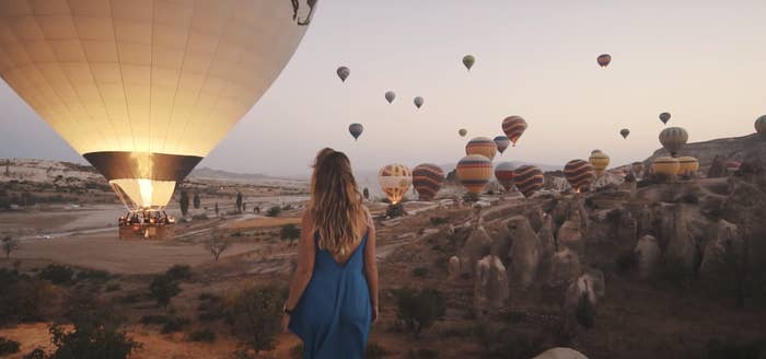 Hundreds of hot air balloons flying in Cappadocia in Turkey