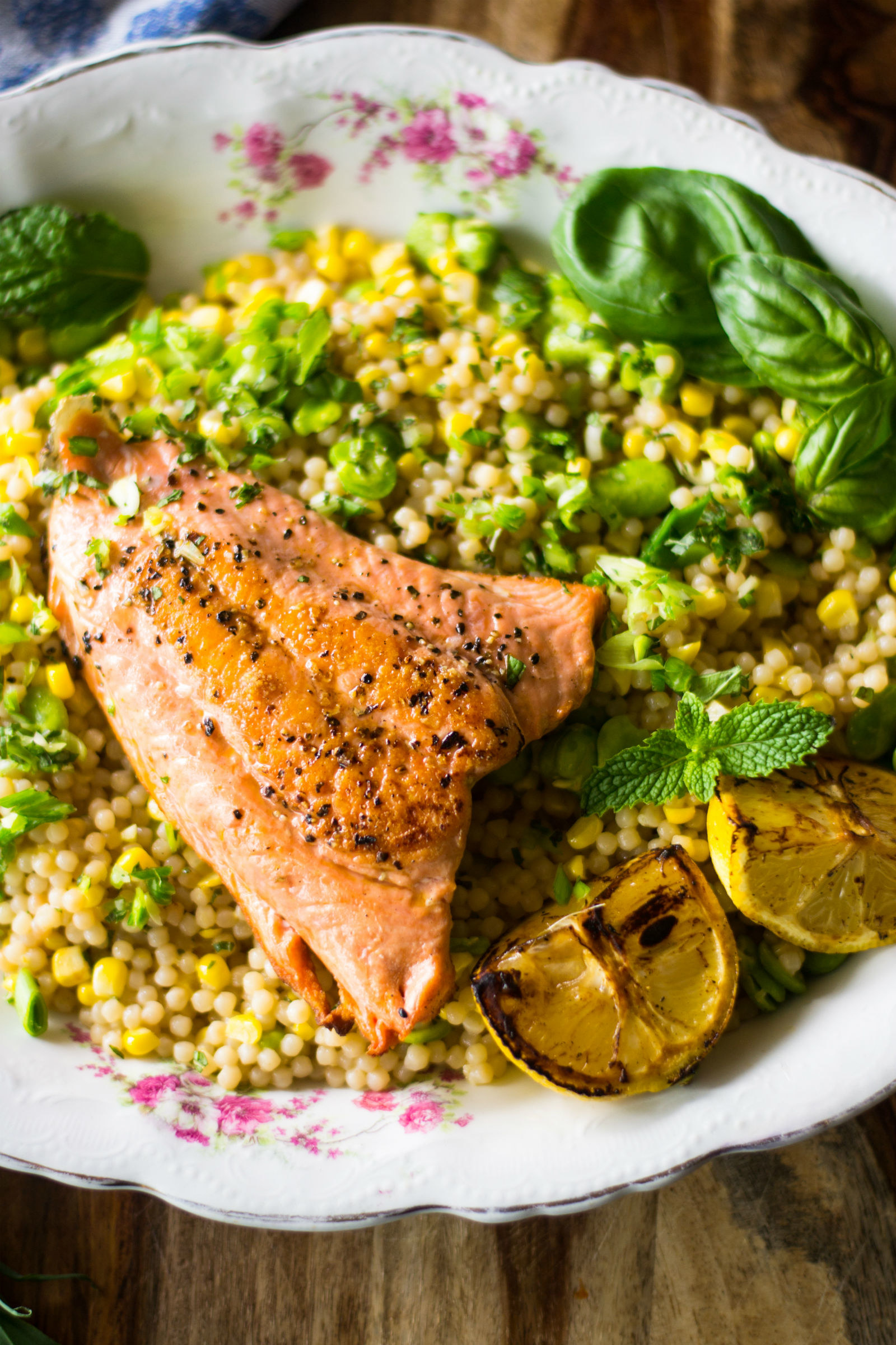 Israeli couscous with salmon and fava beans.