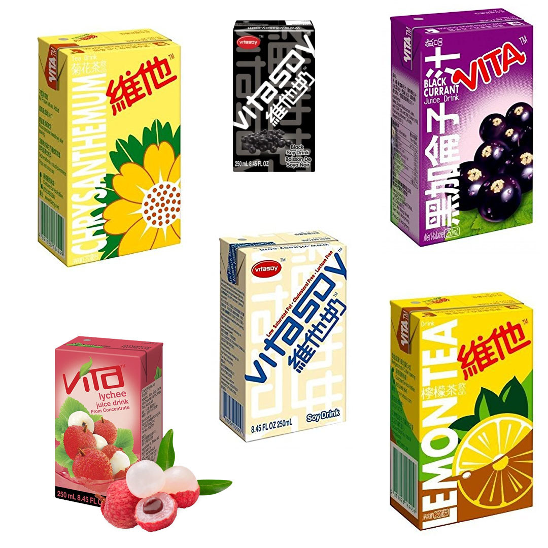 Vitasoy juice boxes in various flavors including chrysanthemum, black sesame, blackcurrant, soy milk, lychee juice, lemon tea 