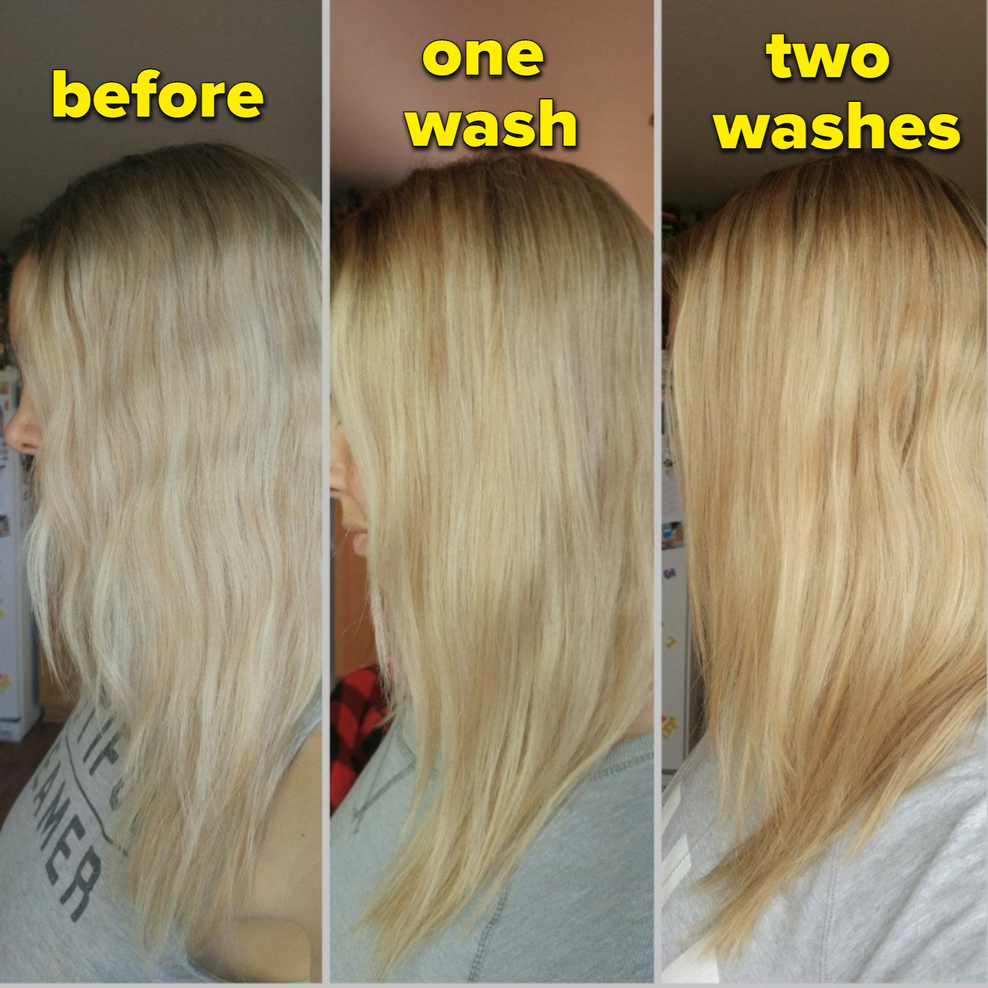 A before and after of blonde hair