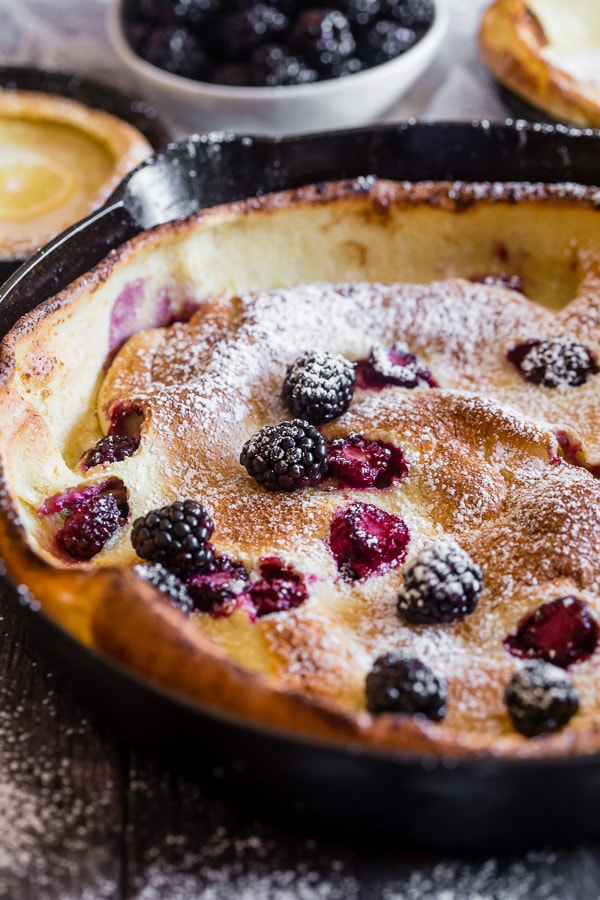 A Dutch baby filled with blackberries.