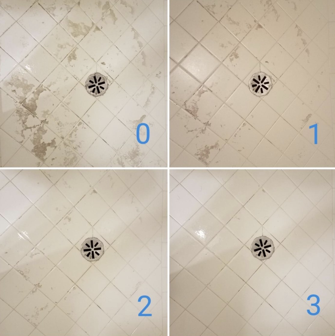 A before and after of shower tiles