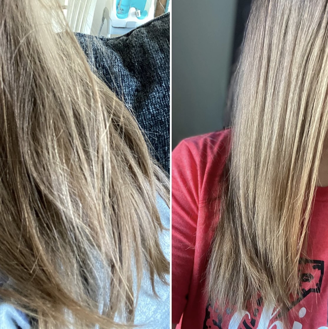 A before and after of someone&#x27;s hair after a treatment