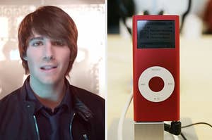 On the left, James from Big Time Rush in the "Boyfriend" music video, and on the right, someone holding up an iPod