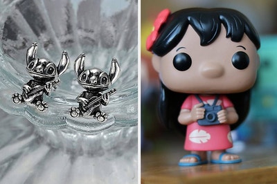 to the left: silver stitch stud earrings, to the right: a lilo funko pop