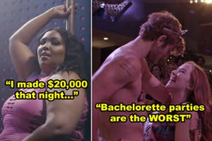 Side-by-side of Lizzo pole dancing in "Hustlers" and Alex Pettyfer giving a lap dance in "Magic Mike"