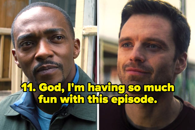 "11, God, I'm having so much fun with this episode" written over Anthony Mackie and Sebastian Stan in "The Falcon and the Winter Soldier" Episode 6