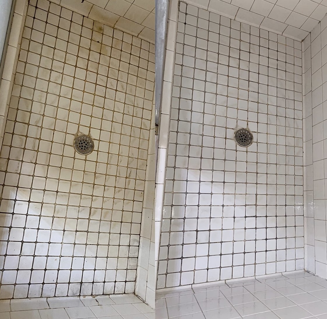 A before and after photo of shower tile