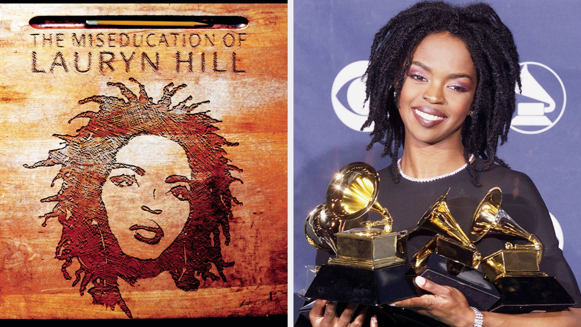 The cover of &quot;The Miseducation of Lauryn Hill&quot;; Lauryn Hill winning at the 1999 Grammys
