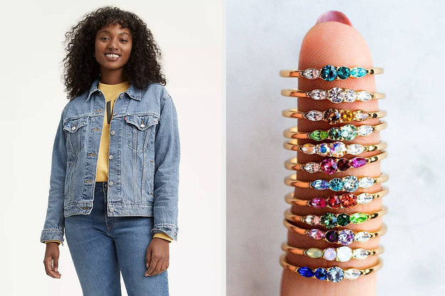 on left, model in blue levi's jacket. on right, colorful rings stacked on finger