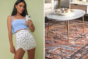 on left, model wears baby blue tube top. on right, patterned rug below white marble table