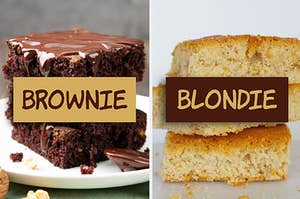 A brownie next to a blondie, both looking delicious