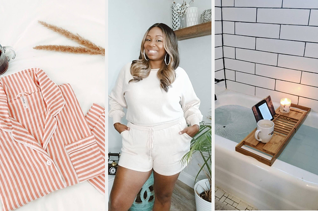 A pajama set / A reviewer in a lounge set / A bath caddy