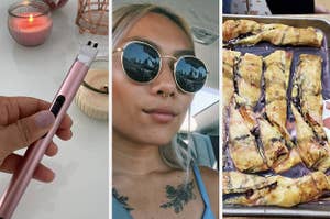 A split thumbnail of a lighter, a person, and baked goods