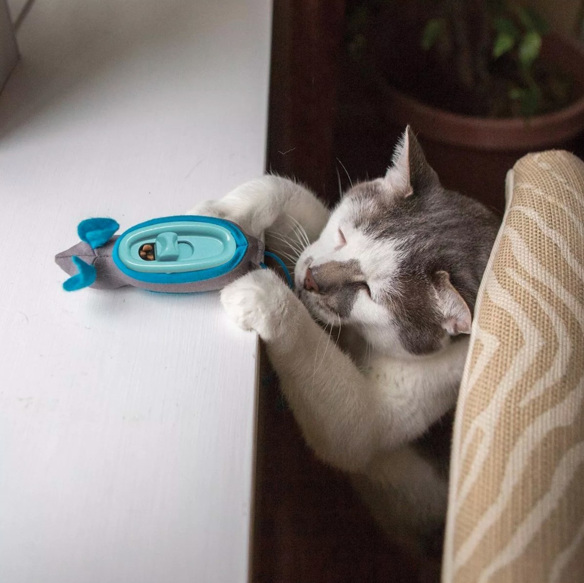 The ethical hunting toy being used by a cat