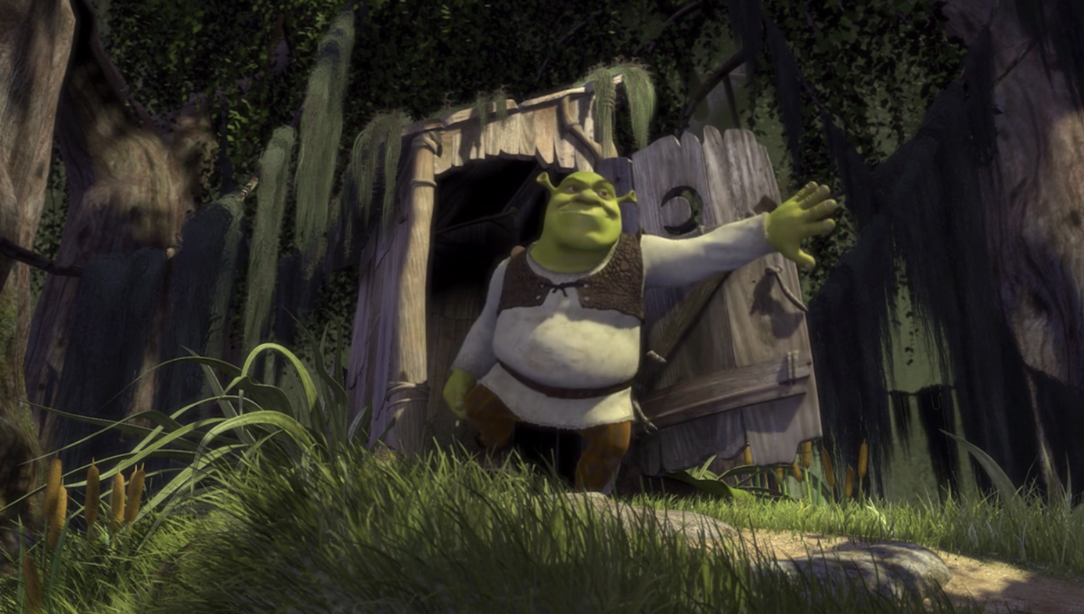 Shrek exiting his outhouse 