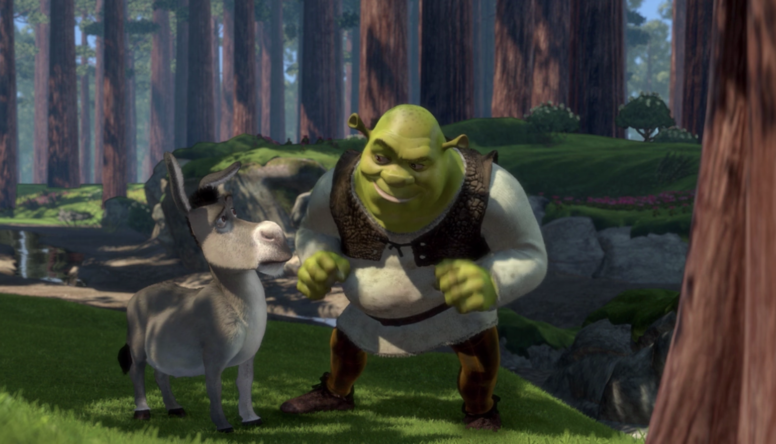 Shrek and Donkey walking together in the forest 