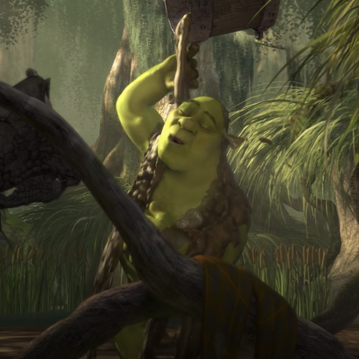Shrek taking a shower in mud. 