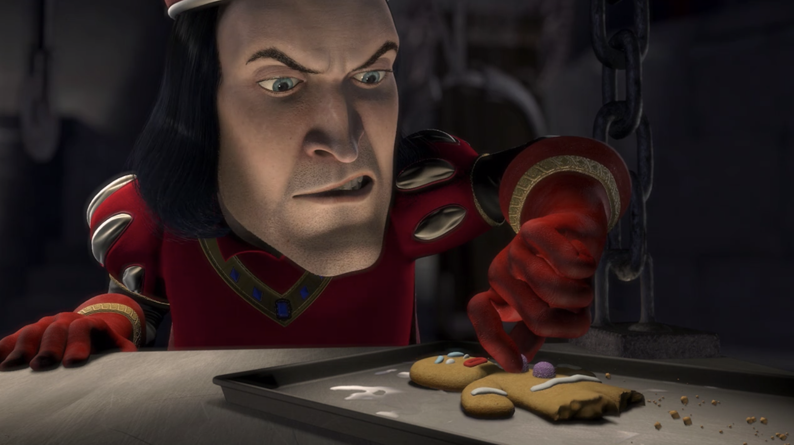 Lord Farquad pulling off one of Gingerbread Man&#x27;s buttons 