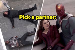 Sam, Bucky, Wanda, and Vision with text, "Pick a partner"