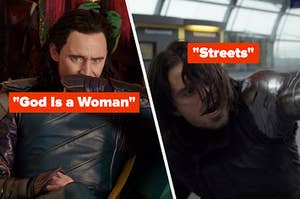 Loki labeled "God Is a Woman" and Bucky labeled "Streets"